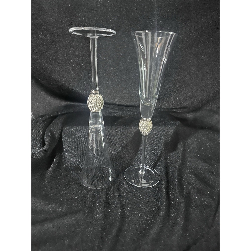 Two Long Stem Champagne Flutes Rhinestone DIAMOND Studded Neck Gold  11"‎